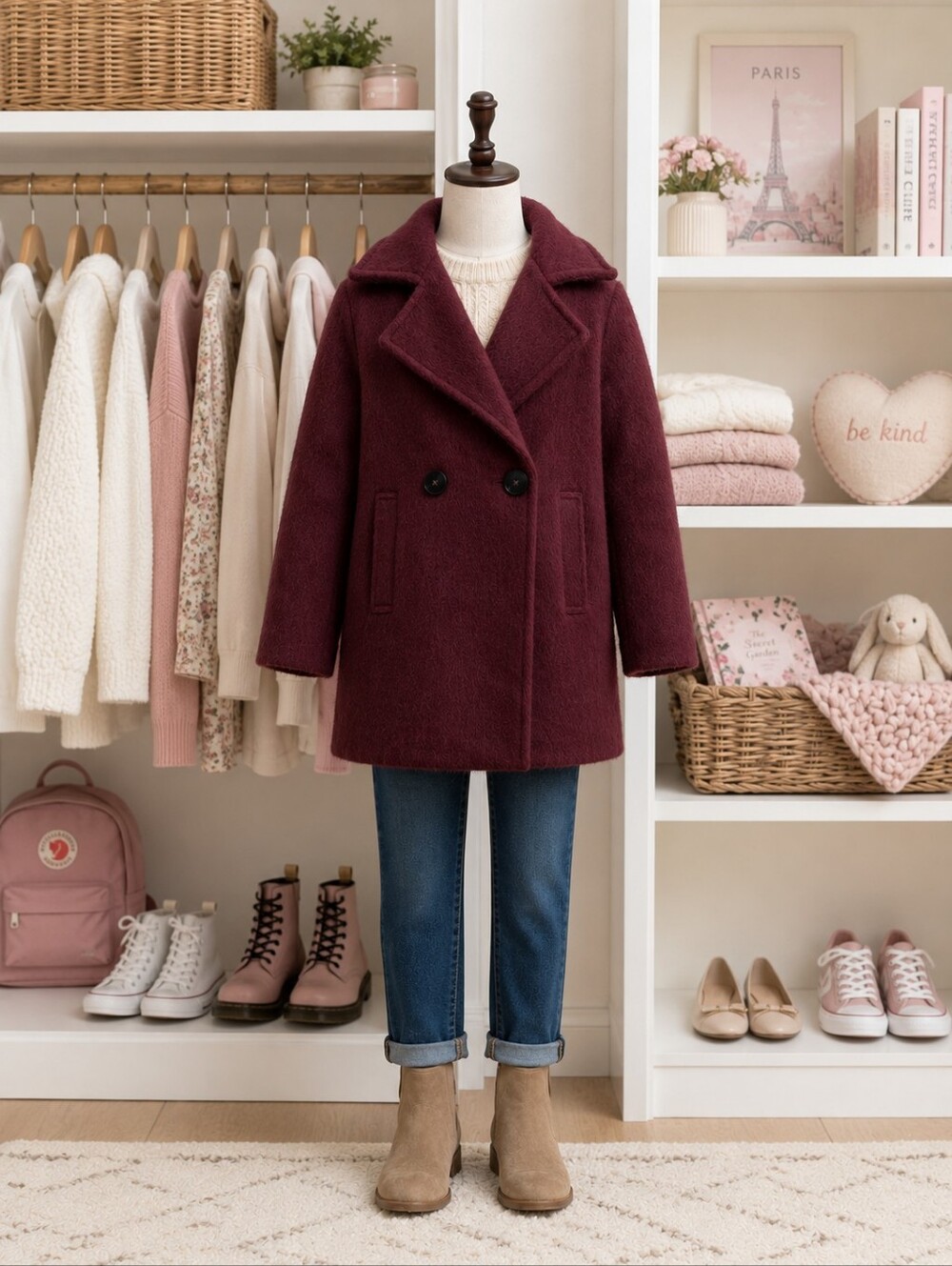 Zara Kids Double-Breasted Burgundy Pea Coat